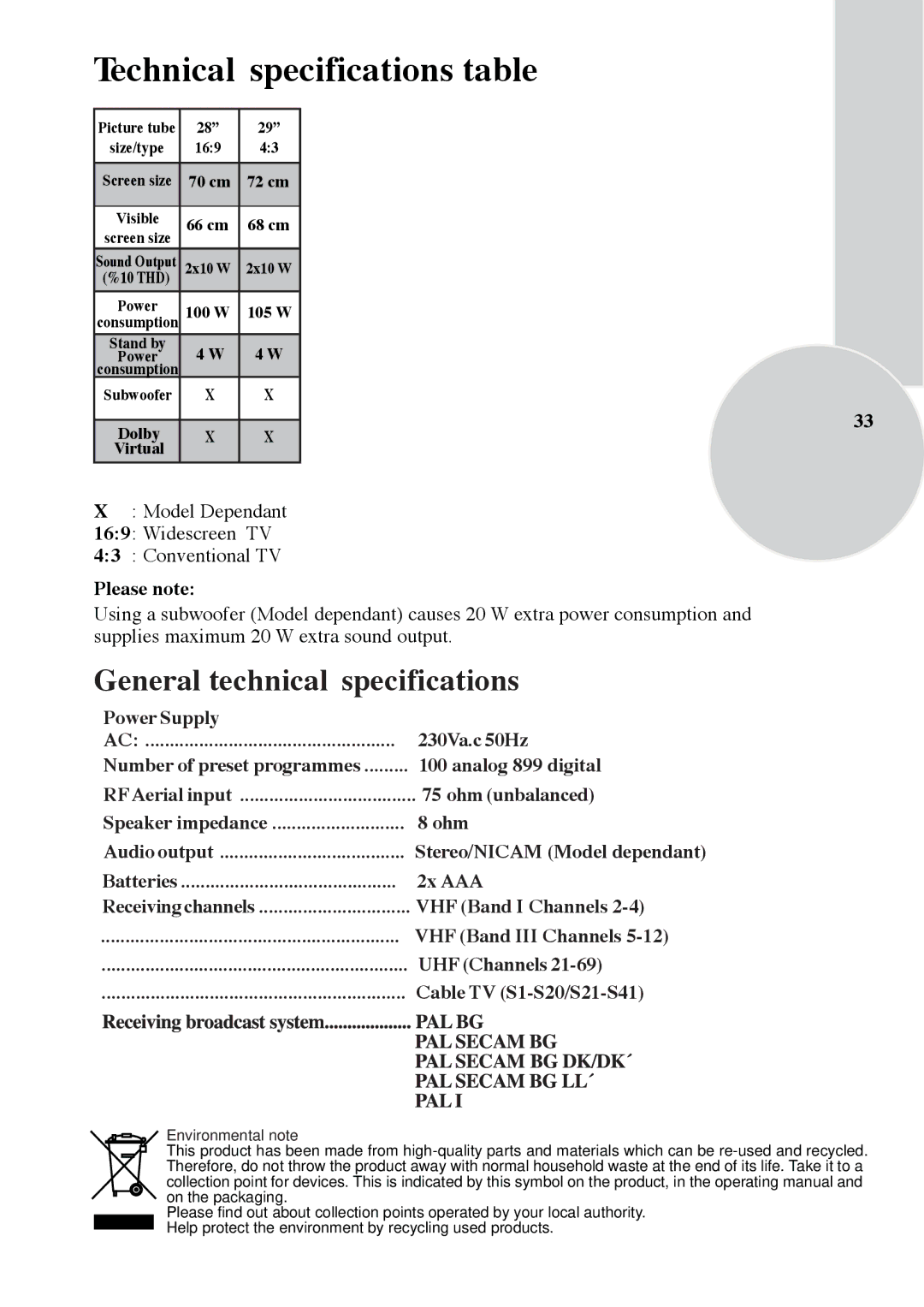 Beko IDTV 28C723IDW, Colour Televisions operating instructions General technical specifications 