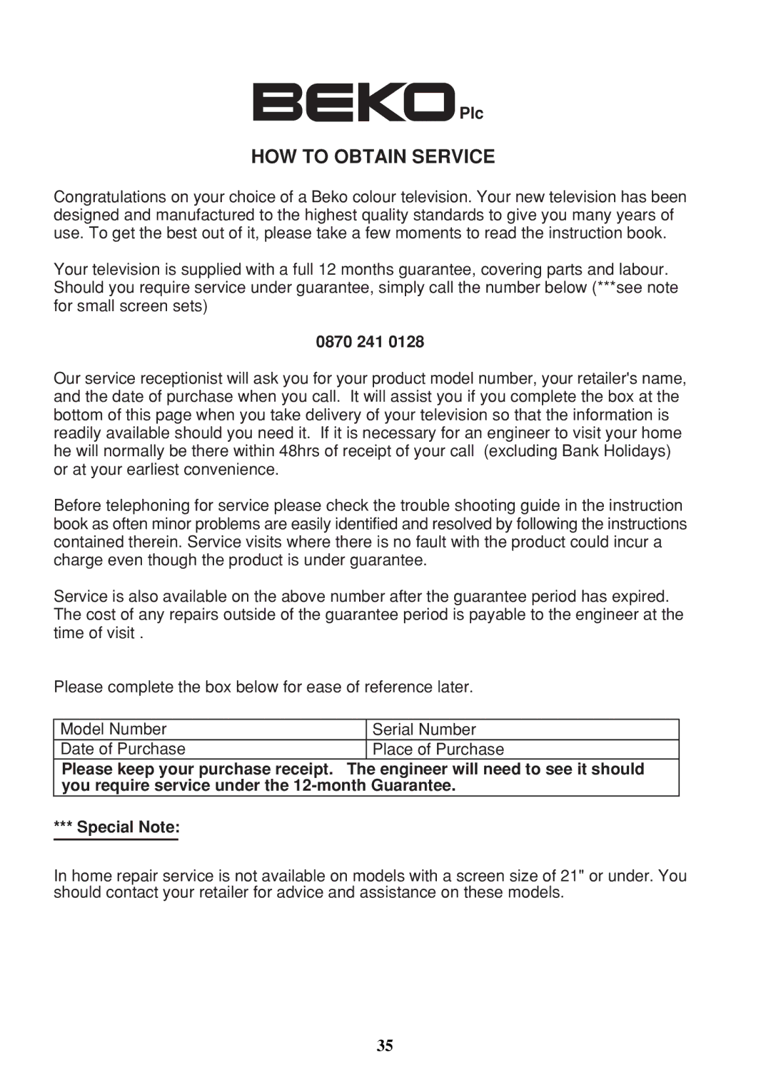 Beko IDTV 28C723IDW, Colour Televisions operating instructions HOW to Obtain Service 