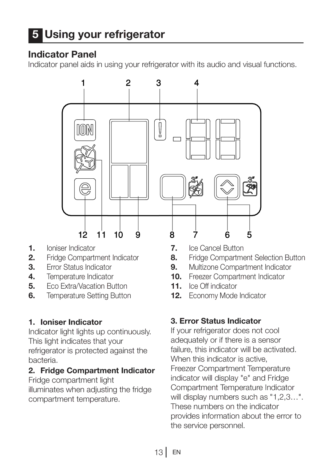 Beko kqe 1050 x manual Using your refrigerator, Indicator Panel, Ioniser Indicator, Error Status Indicator 