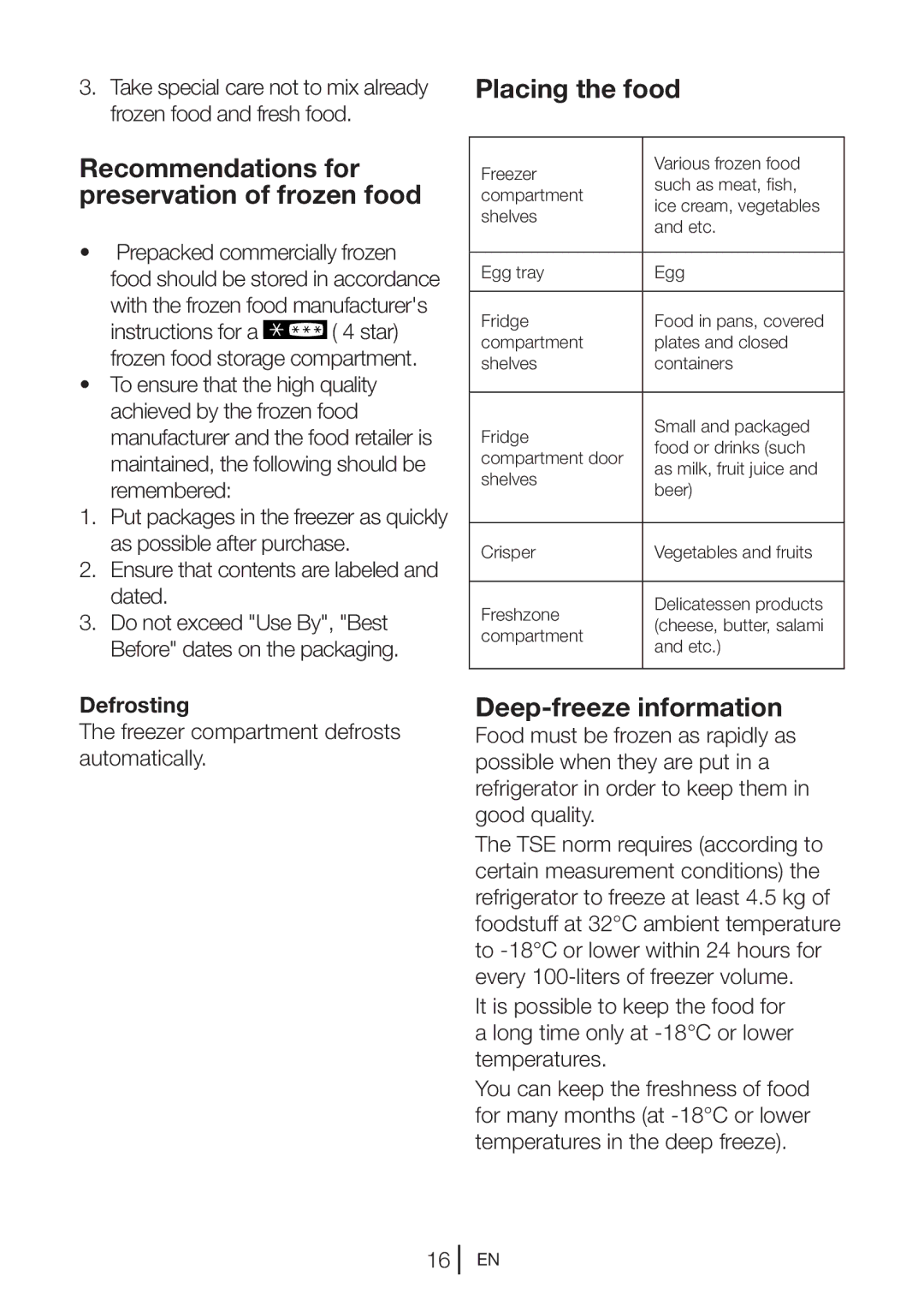 Beko kqe 1050 manual Recommendations for preservation of frozen food, Placing the food, Deep-freeze information, Defrosting 