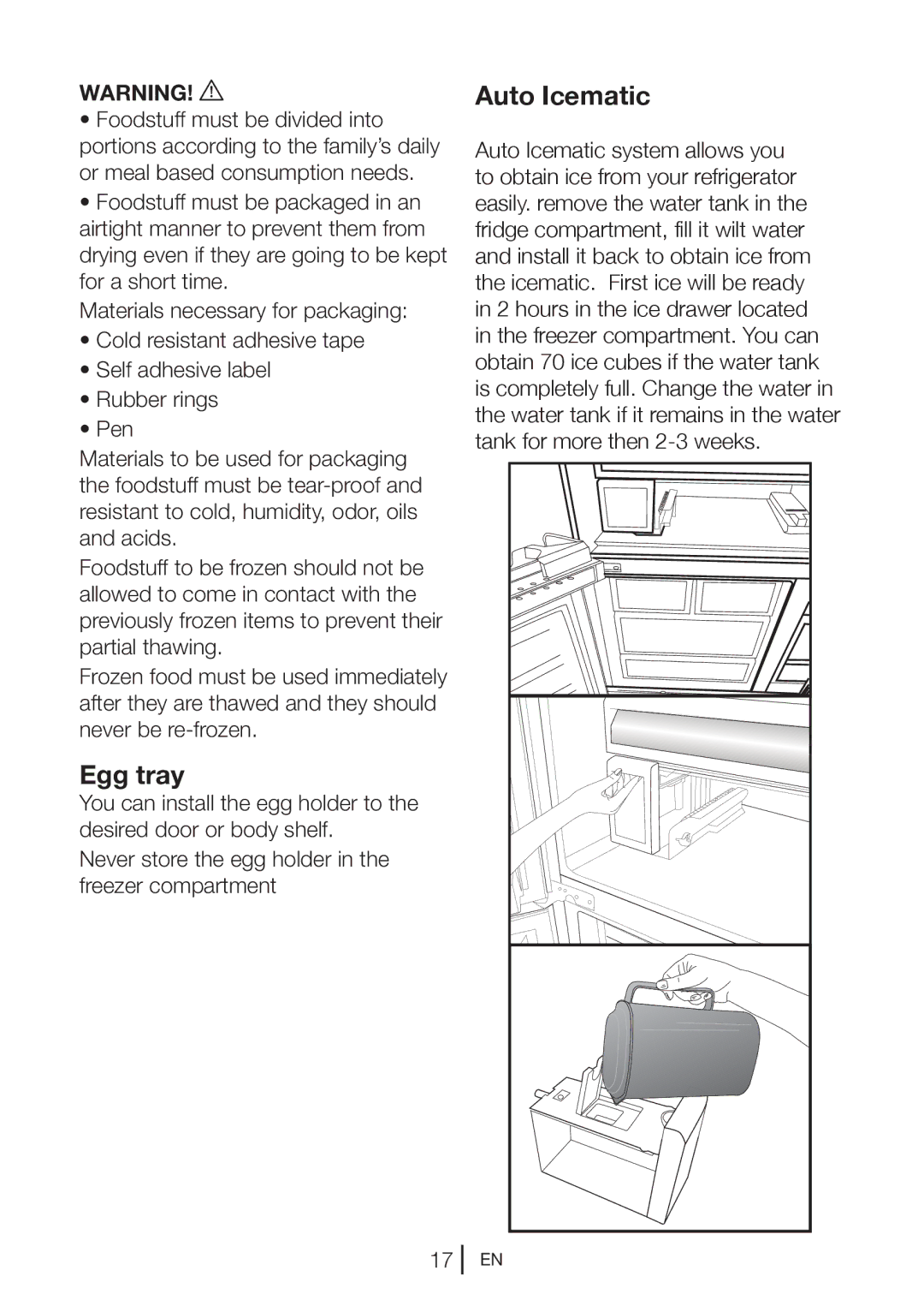 Beko kqe 1050 x manual Egg tray, Auto Icematic 