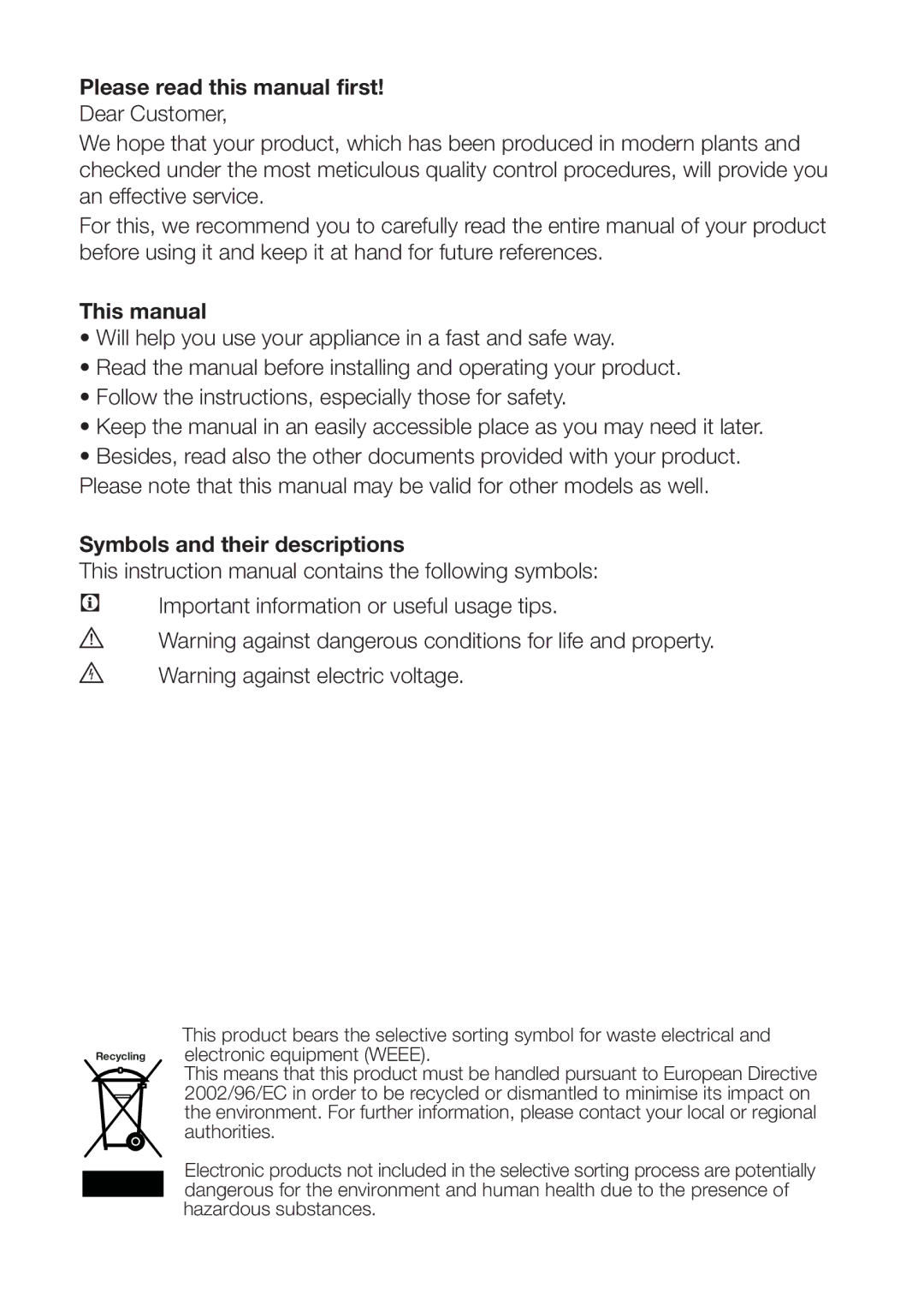 Beko kqe 1050 x Please read this manual first, This manual, Symbols and their descriptions 