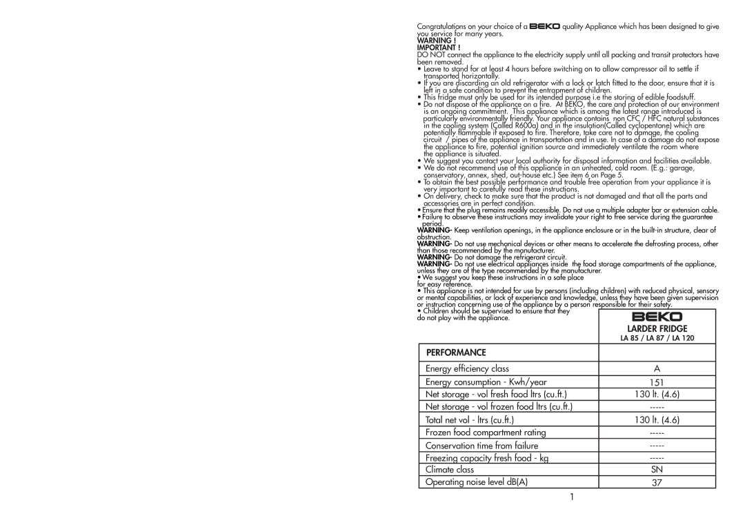 Beko LA 87, LA 85, LA 120 manual Performance 