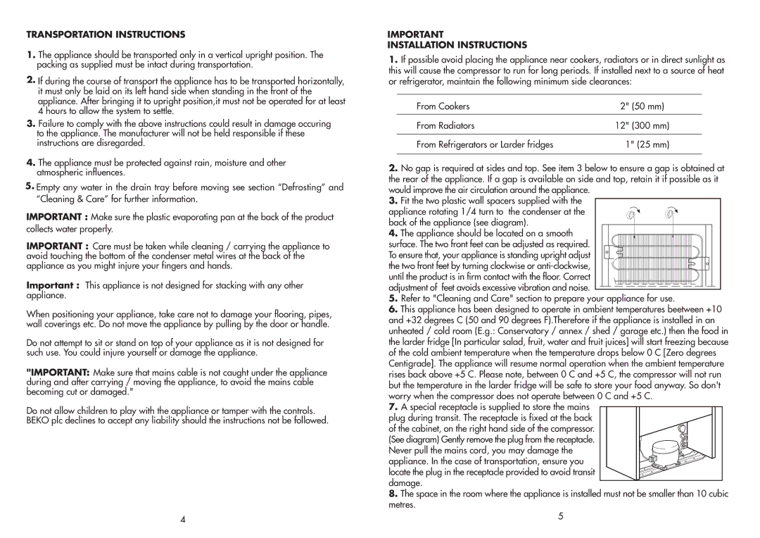 Beko LA 120, LA 85, LA 87 manual Transportation Instructions, Installation Instructions 