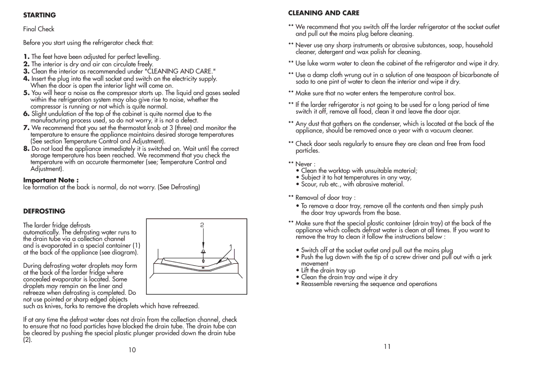 Beko LA 120, LA 85, LA 87 manual Starting, Defrosting, Cleaning and Care 