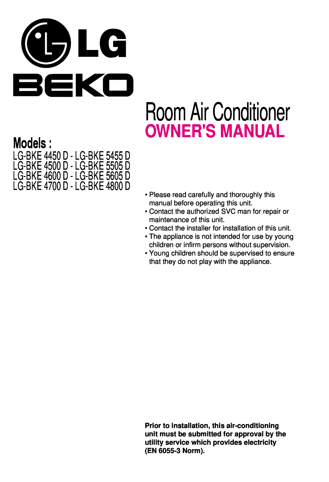 Beko LG-BKE4500 D, LG-BKE5505 D, LG-BKE 4600 D, LG-BKE 5605 D owner manual Room Air Conditioner, Models 