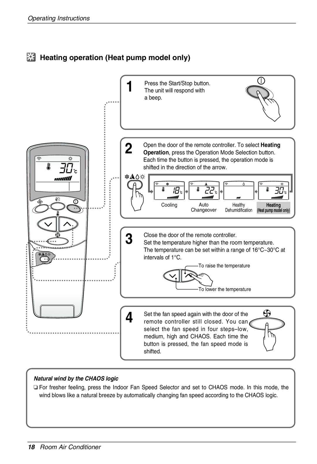 Beko LG-BKE 7800 D owner manual Heating operation Heat pump model only, Close the door of the remote controller 