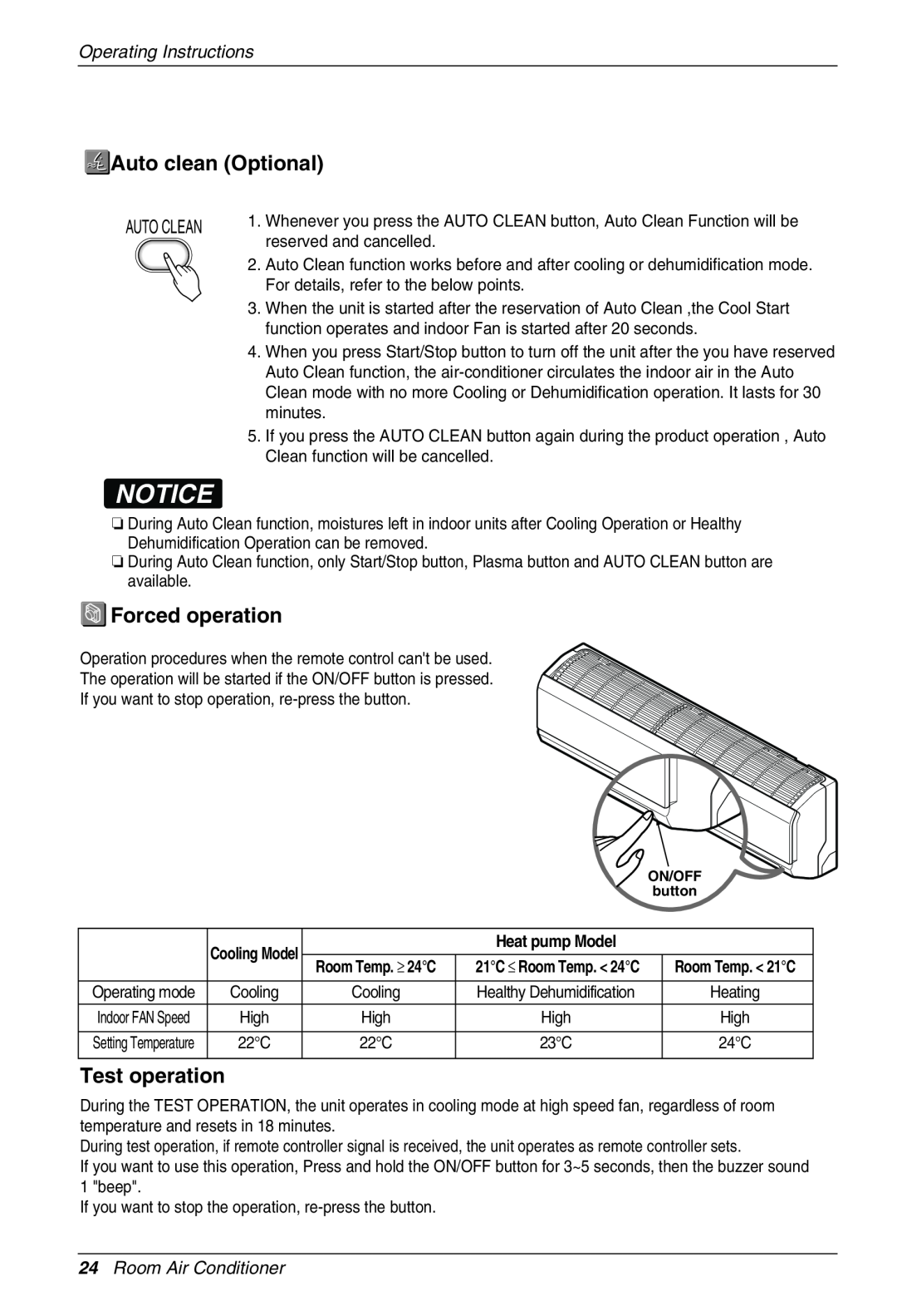 Beko LG-BKE 7800 D Auto clean Optional, Forced operation, Test operation, Operating Instructions, 24Room Air Conditioner 