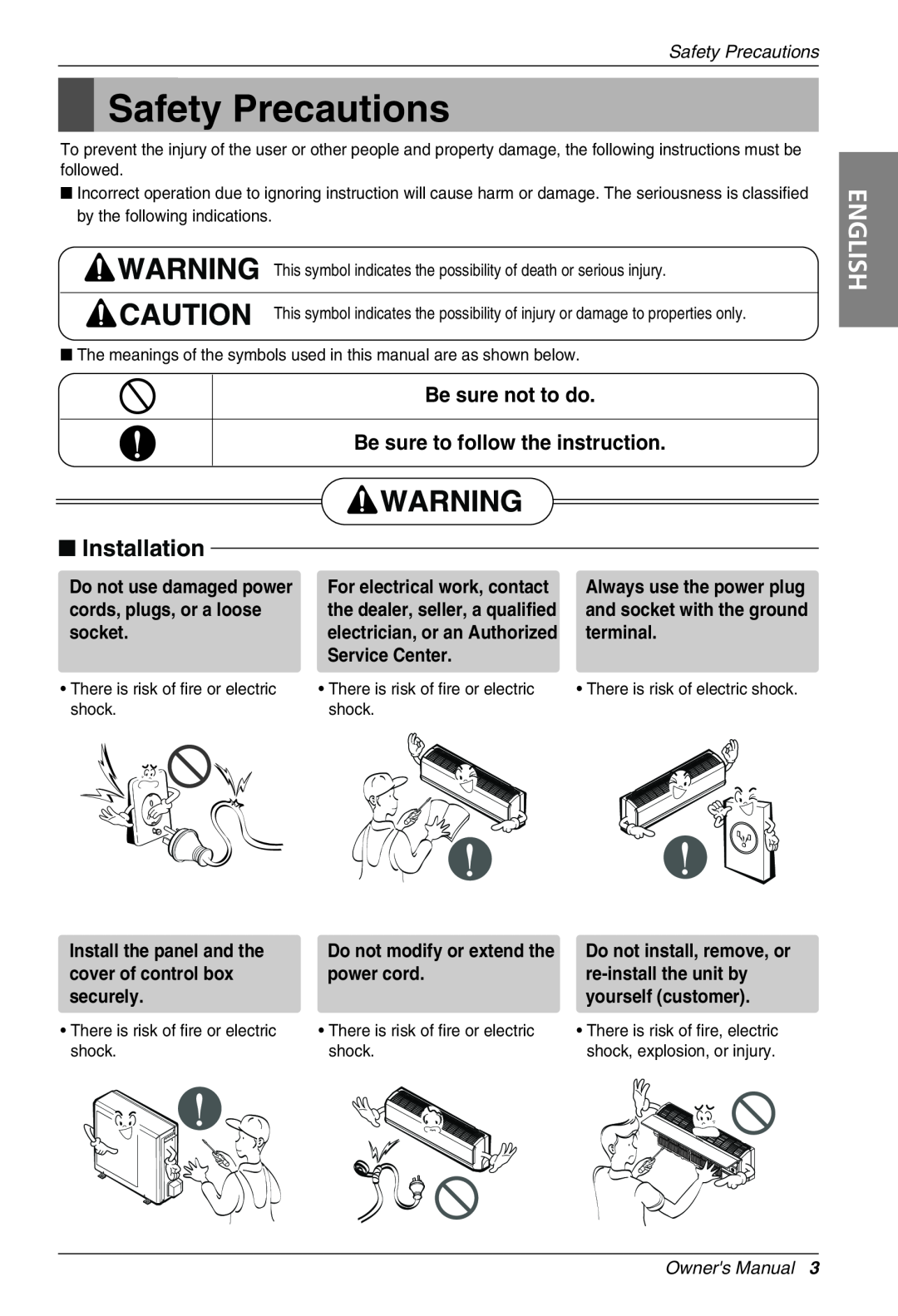 Beko LG-BKE7650 D, LG-BKE7700 D, LG-BKE 7800 D owner manual Safety Precautions, English, Installation, Be sure not to do 