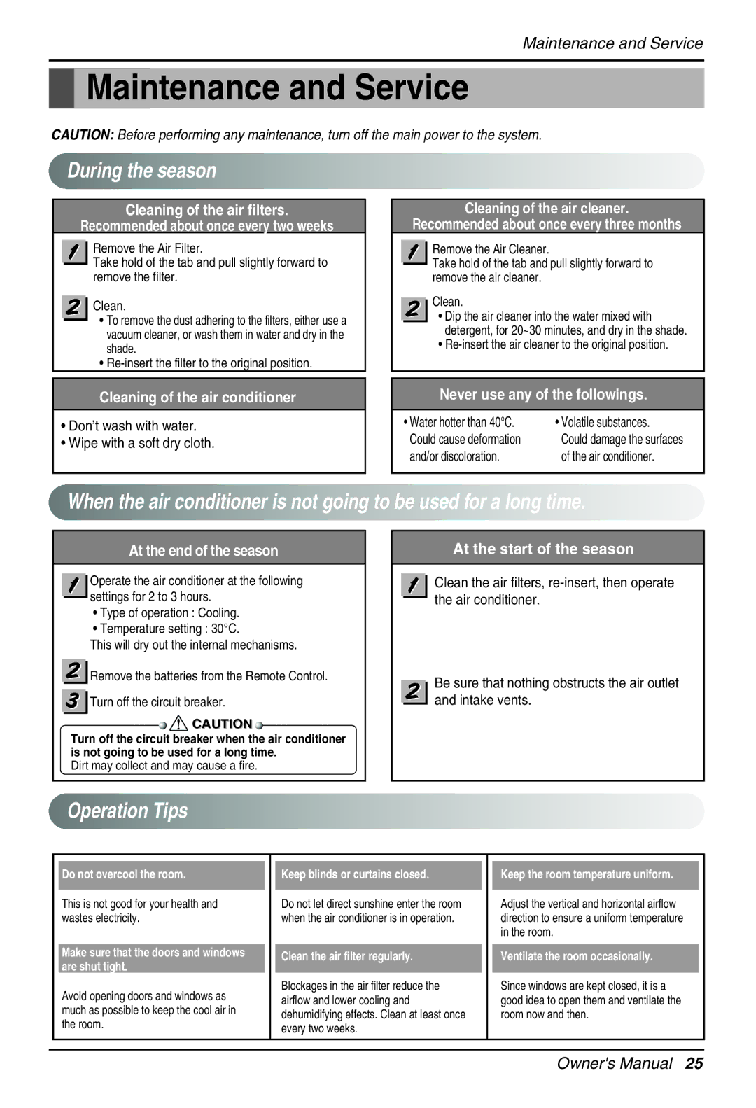 Beko LG-BKE 9300 D owner manual During the season, Operation Tips, Don’t wash with water Wipe with a soft dry cloth 