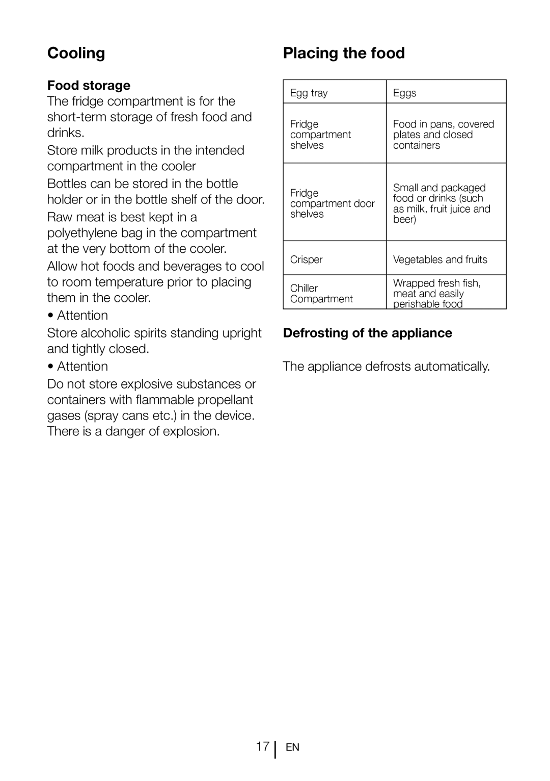 Beko lxd 6145 b manual Cooling Placing the food, Food storage, Defrosting of the appliance 