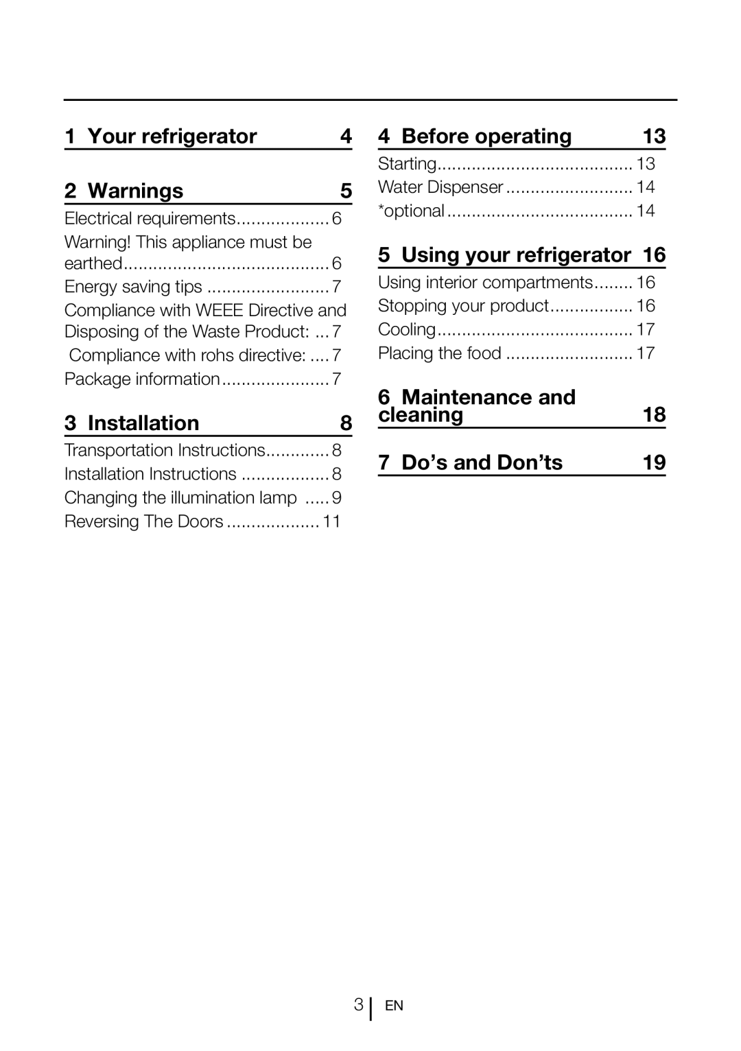 Beko lxd 6145 b manual Your refrigerator, Installation, Before operating, Using your refrigerator 