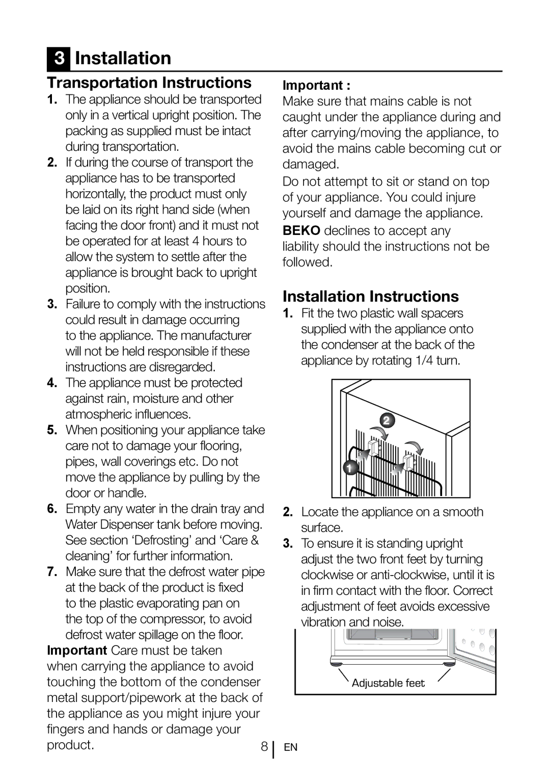 Beko LXD 6155 S manual Transportation Instructions, Installation Instructions 