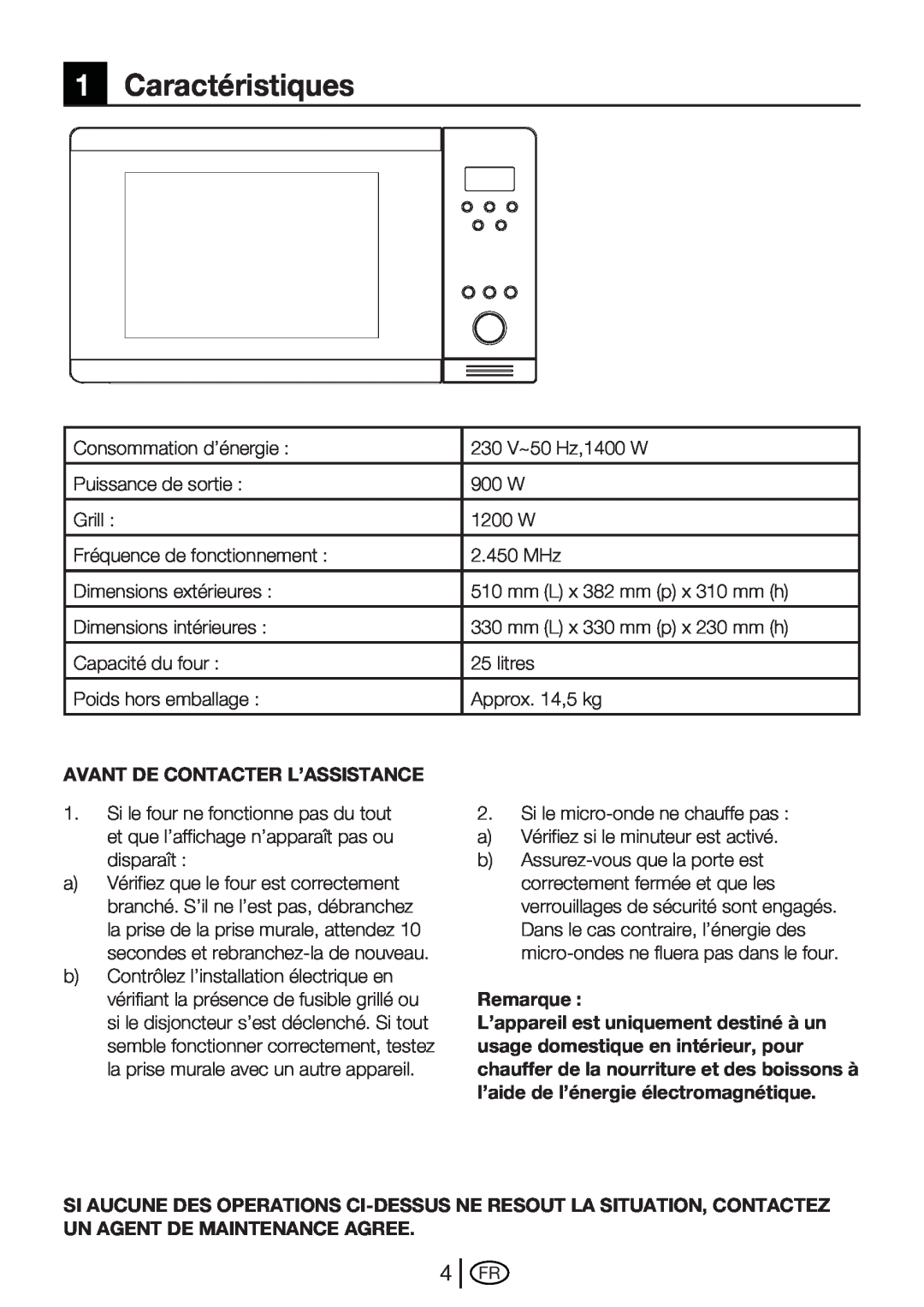 Beko MWB 2510 EX instruction manual 1Caractéristiques, Avant De Contacter L’Assistance, Remarque 