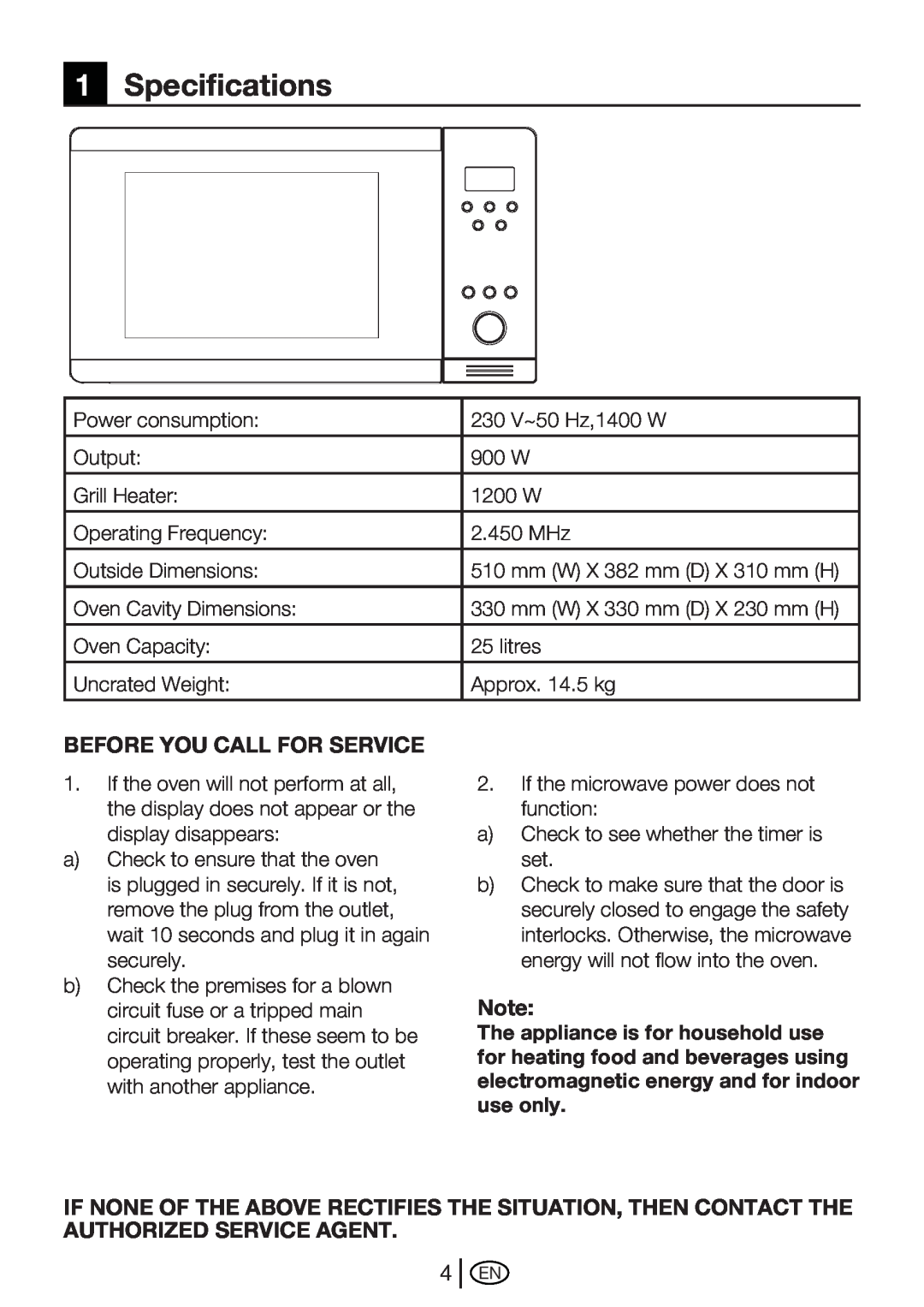Beko MWB 2510 EX instruction manual 1Specifications 
