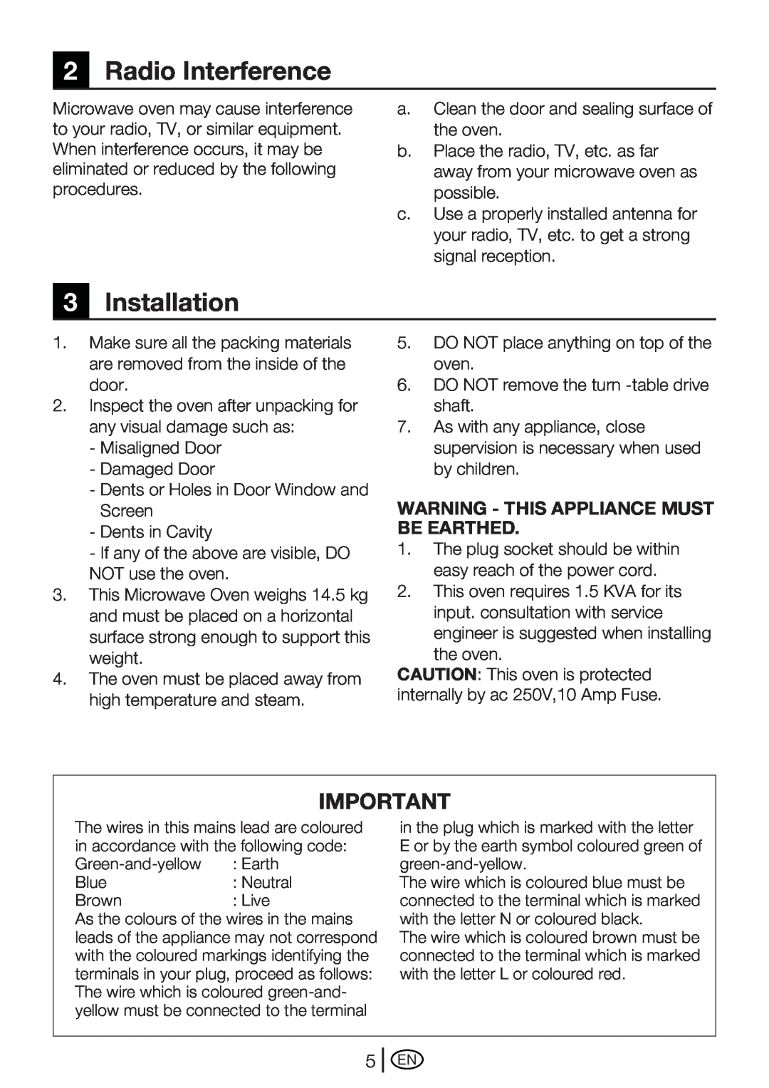 Beko MWB 2510 EX instruction manual 2Radio Interference, 3Installation, Warning - This Appliance Must Be Earthed 