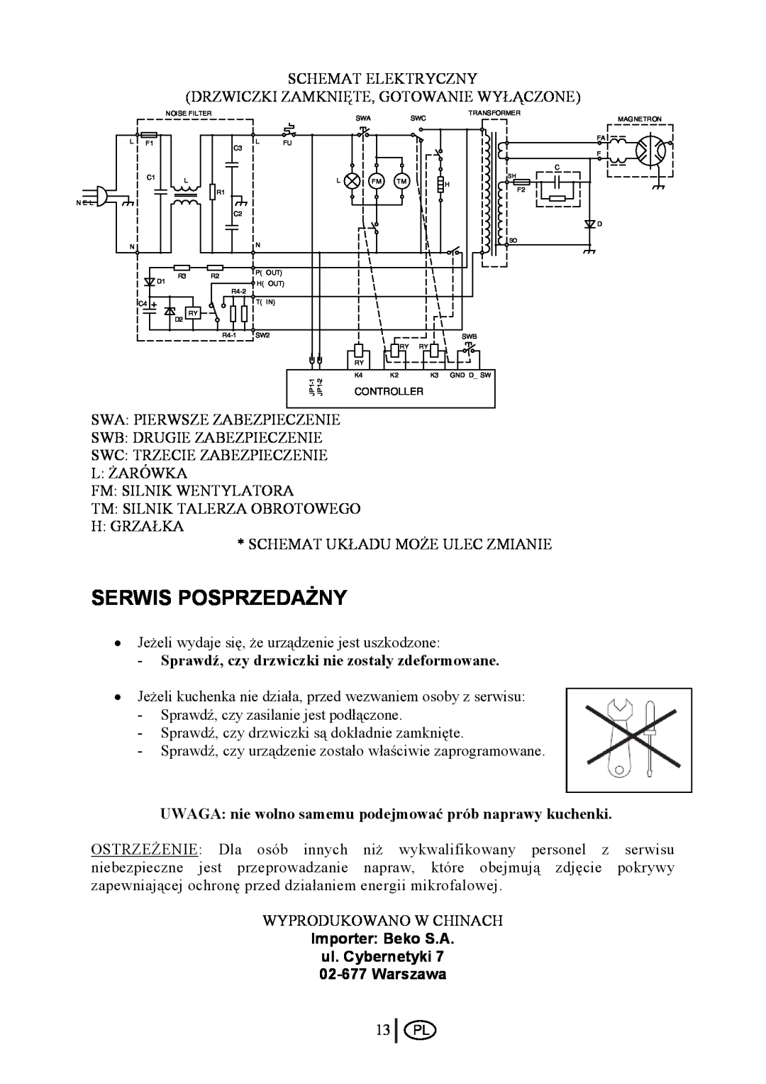 Beko MWB 2510 EX instruction manual Serwis Posprzedażny, Sprawdź, czy drzwiczki nie zostały zdeformowane 