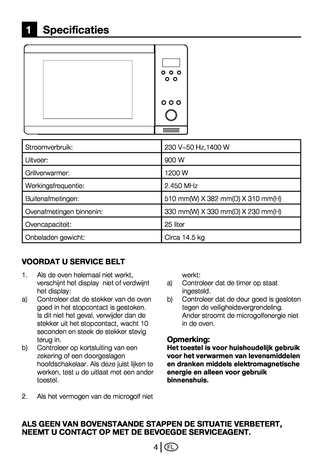 Beko MWB 2510 EX instruction manual 1Specificaties, Voordat U Service Belt, Opmerking 