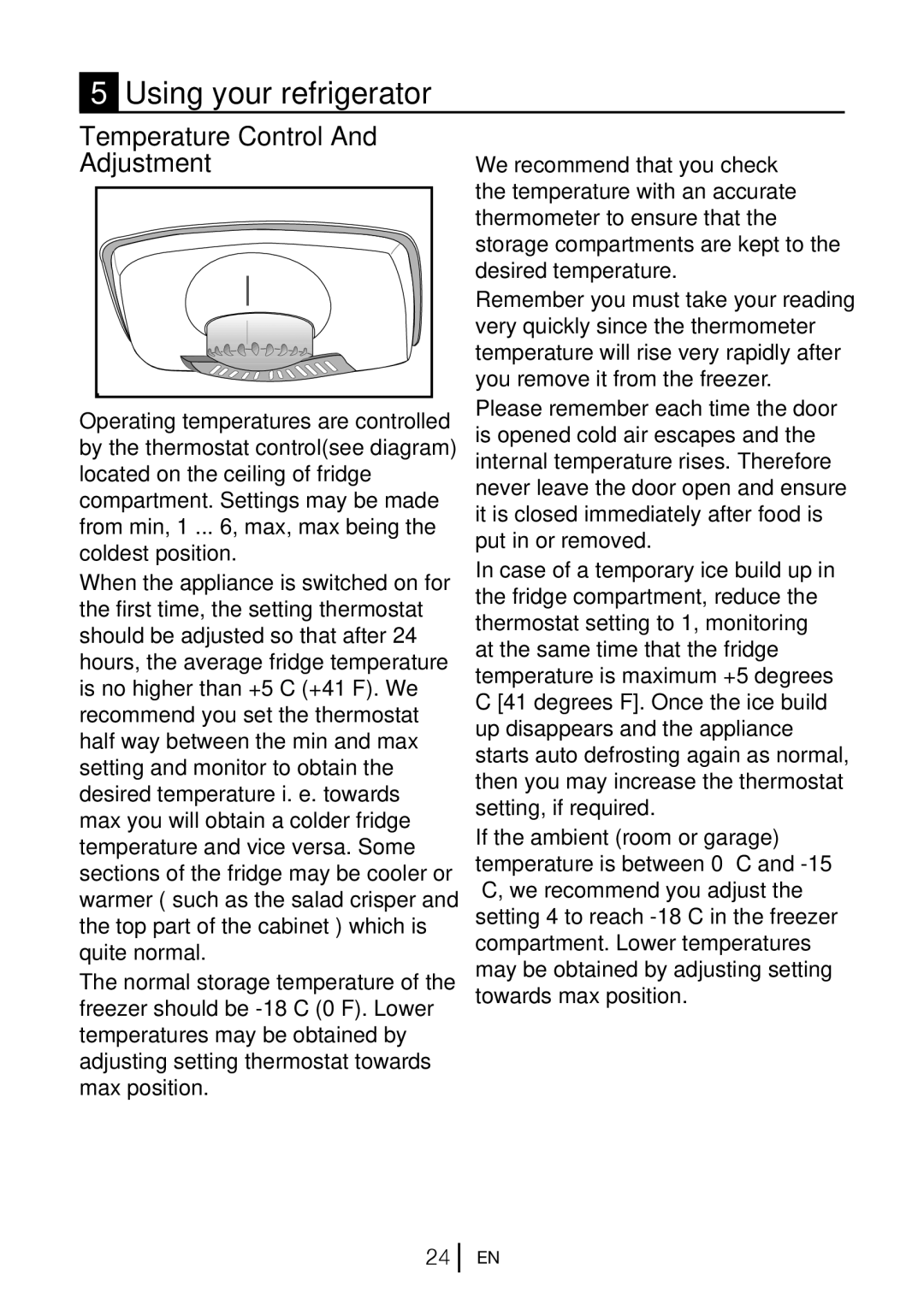 Beko QC55F manual Using your refrigerator, Temperature Control And Adjustment 