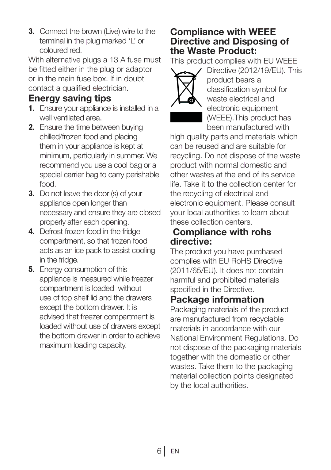 Beko QC55F manual Energy saving tips, Compliance with rohs directive, Package information 