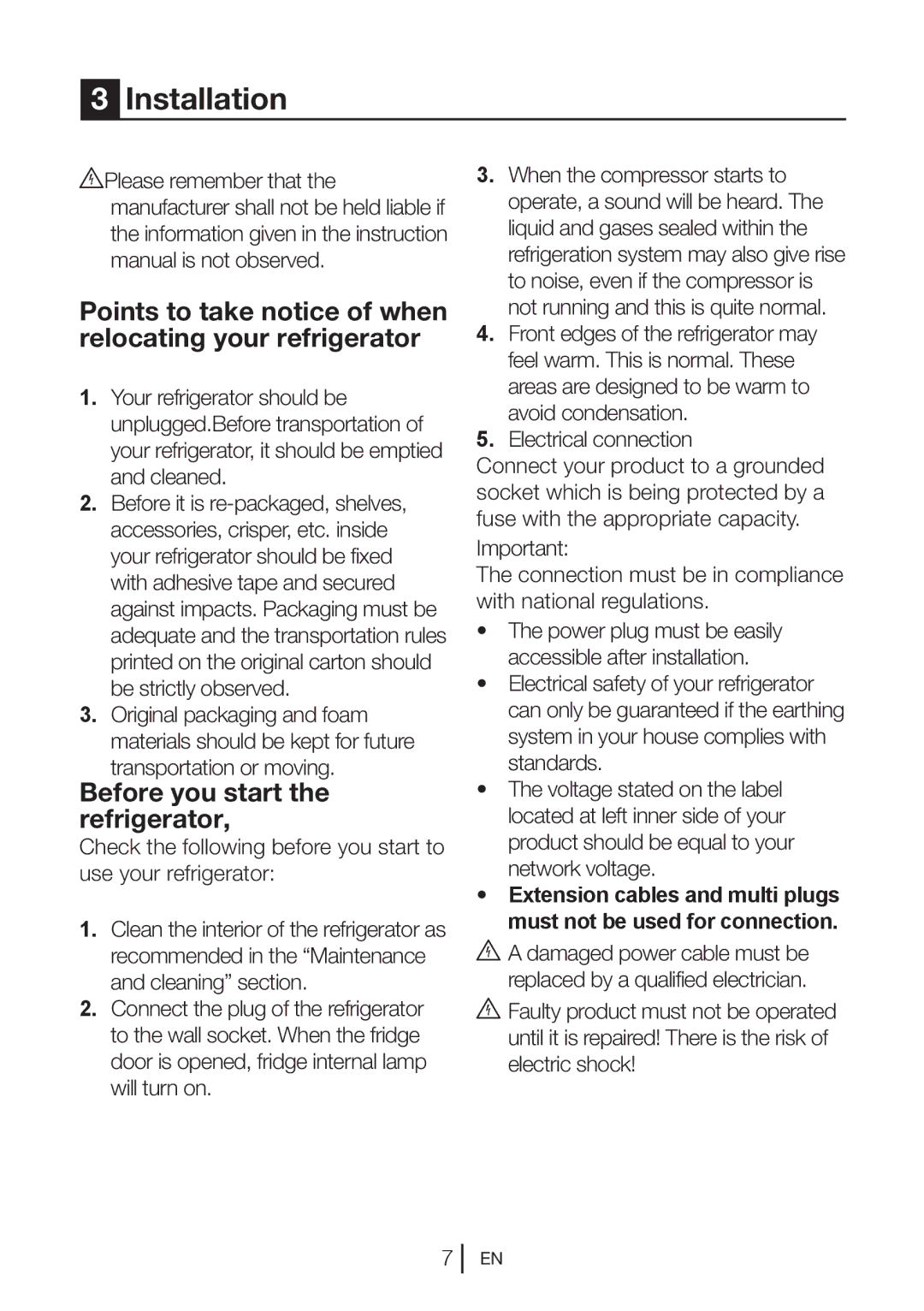 Beko QC55F Installation, Points to take notice of when relocating your refrigerator, Before you start the refrigerator 