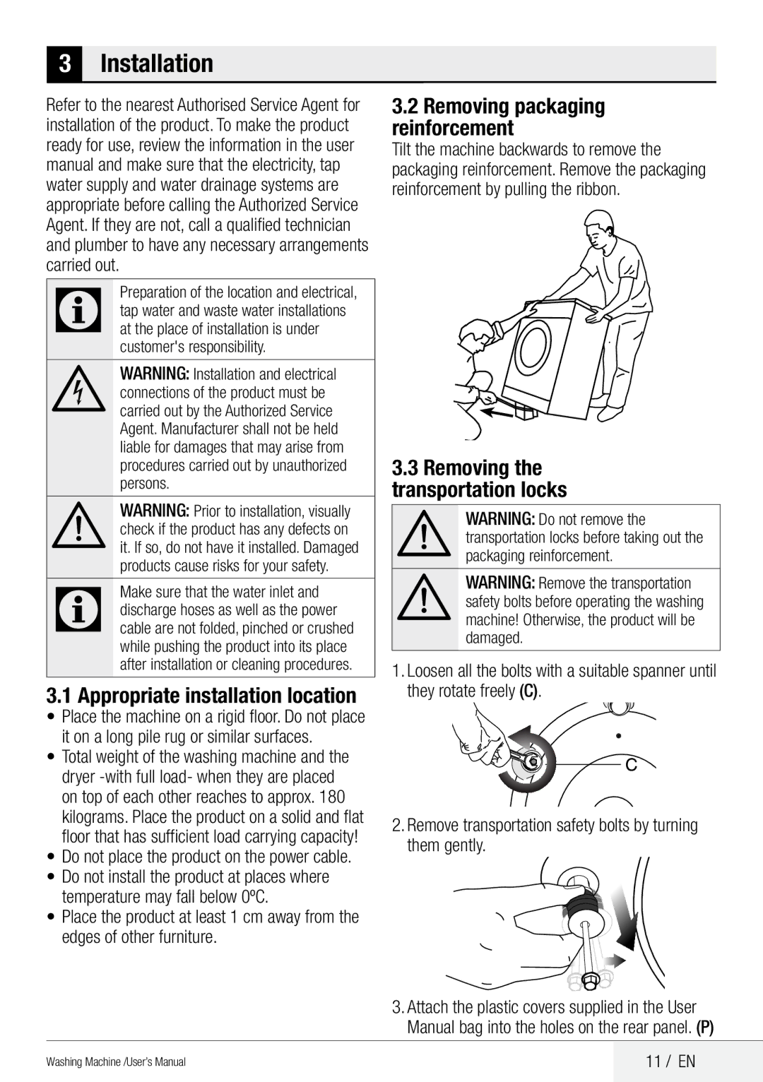 Beko QWM84 user manual Installation, Appropriate installation location, Removing packaging reinforcement, 11 / EN 