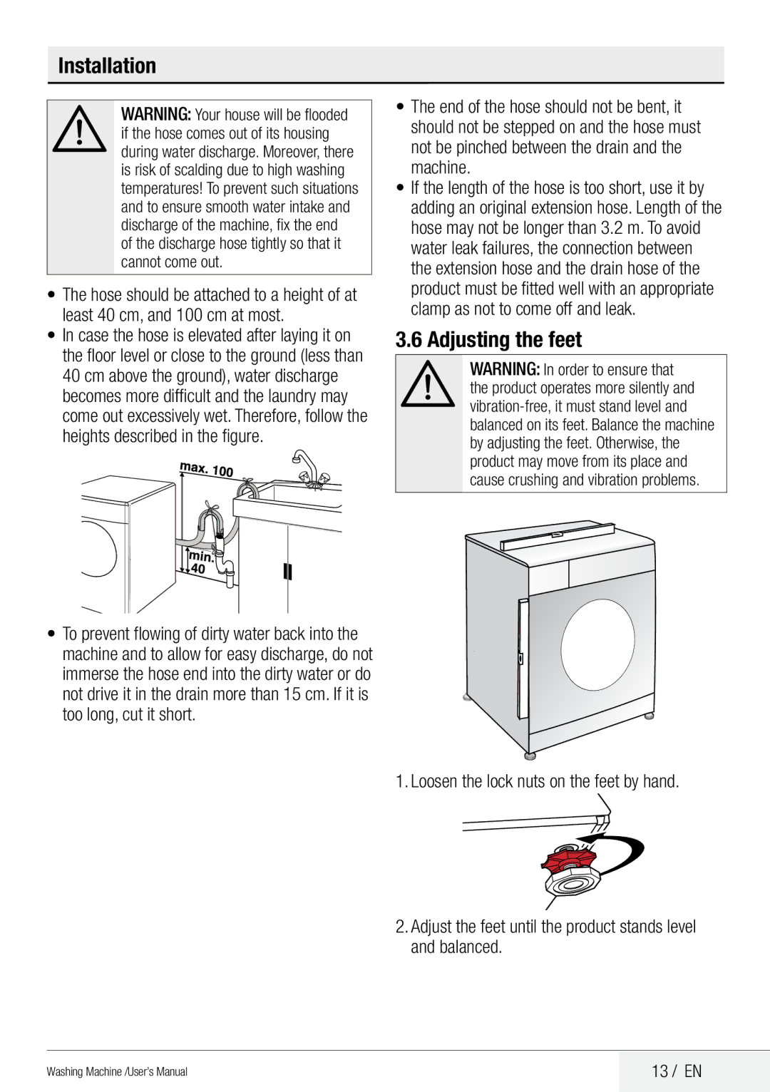 Beko QWM84 user manual Adjusting the feet, 13 / EN 