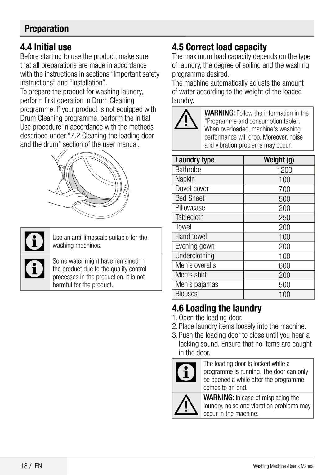 Beko QWM84 user manual Preparation Initial use, Correct load capacity, Loading the laundry 