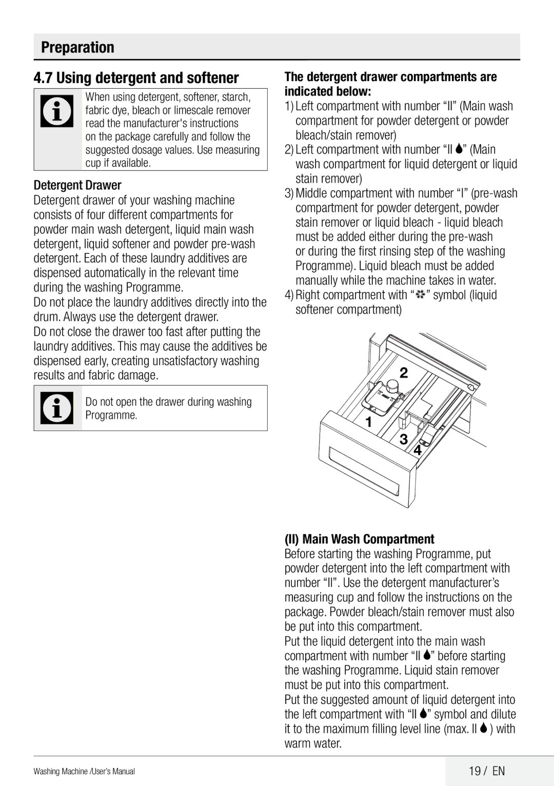 Beko QWM84 Preparation Using detergent and softener, Detergent Drawer, Detergent drawer compartments are indicated below 