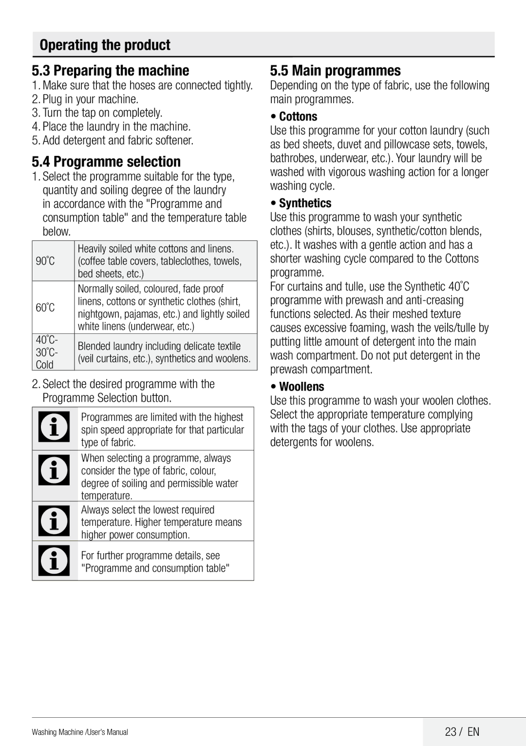 Beko QWM84 user manual Operating the product Preparing the machine, Programme selection, Main programmes 