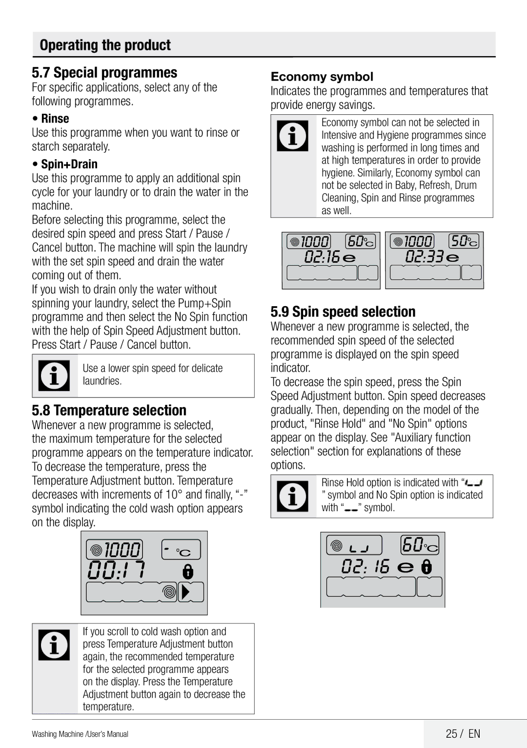 Beko QWM84 user manual Operating the product Special programmes, Temperature selection, Spin speed selection, 25 / EN 