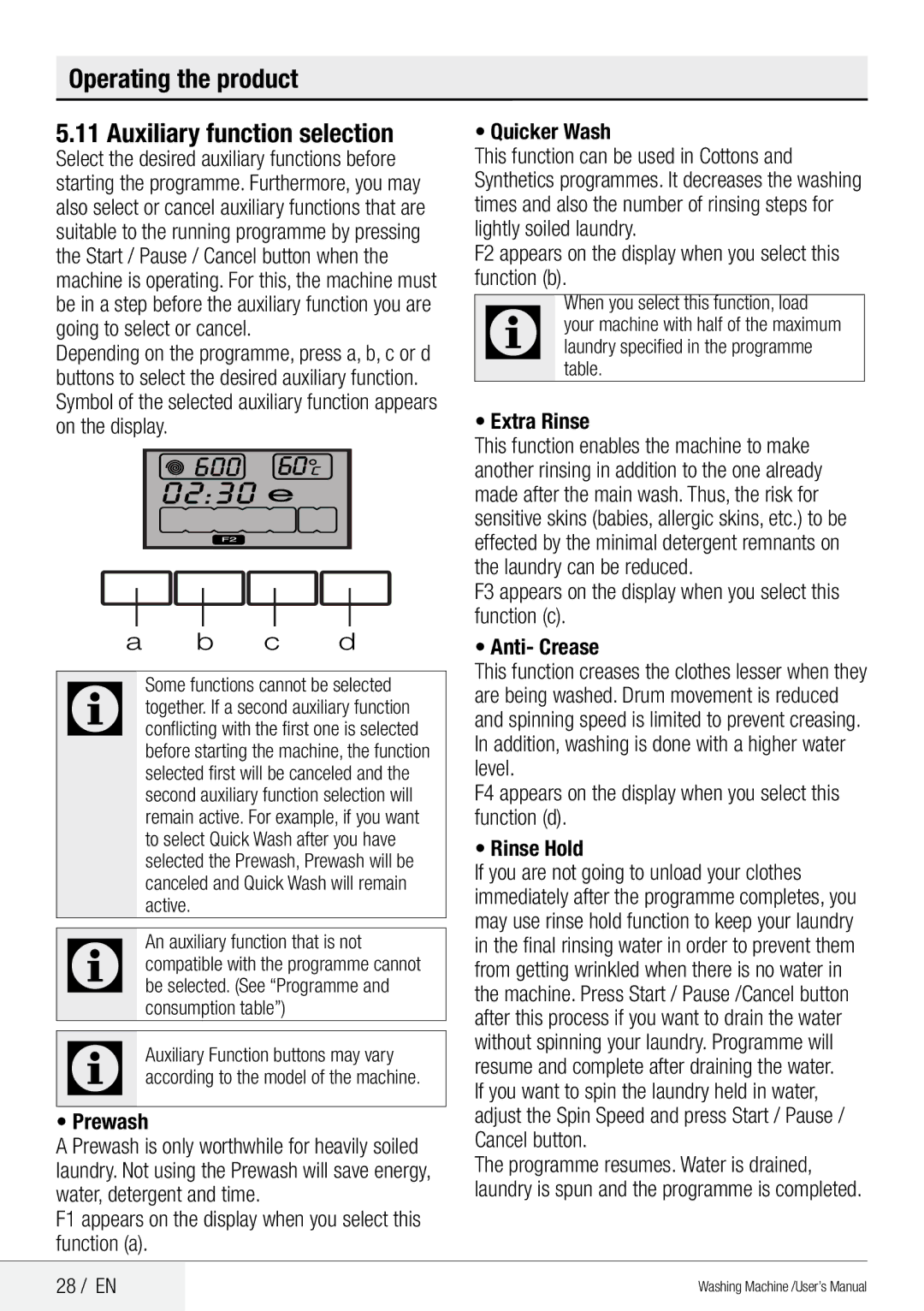 Beko QWM84 user manual Operating the product Auxiliary function selection, Prewash, Extra Rinse, 28 / EN 