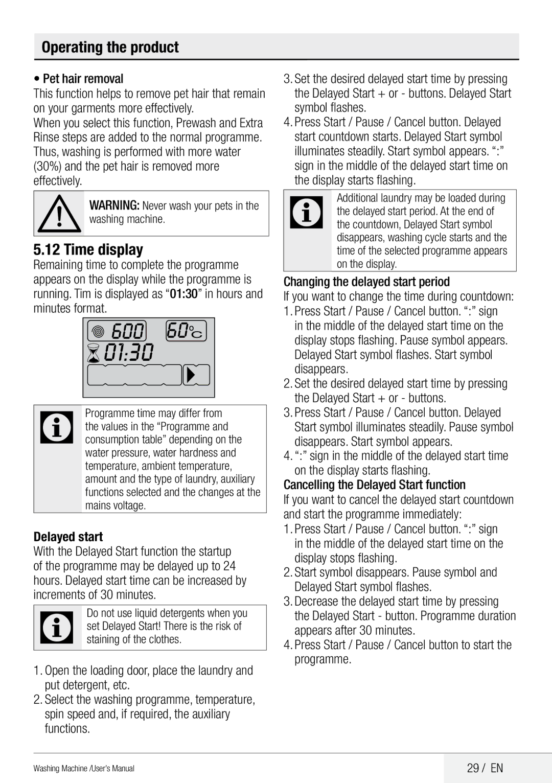 Beko QWM84 user manual Time display 