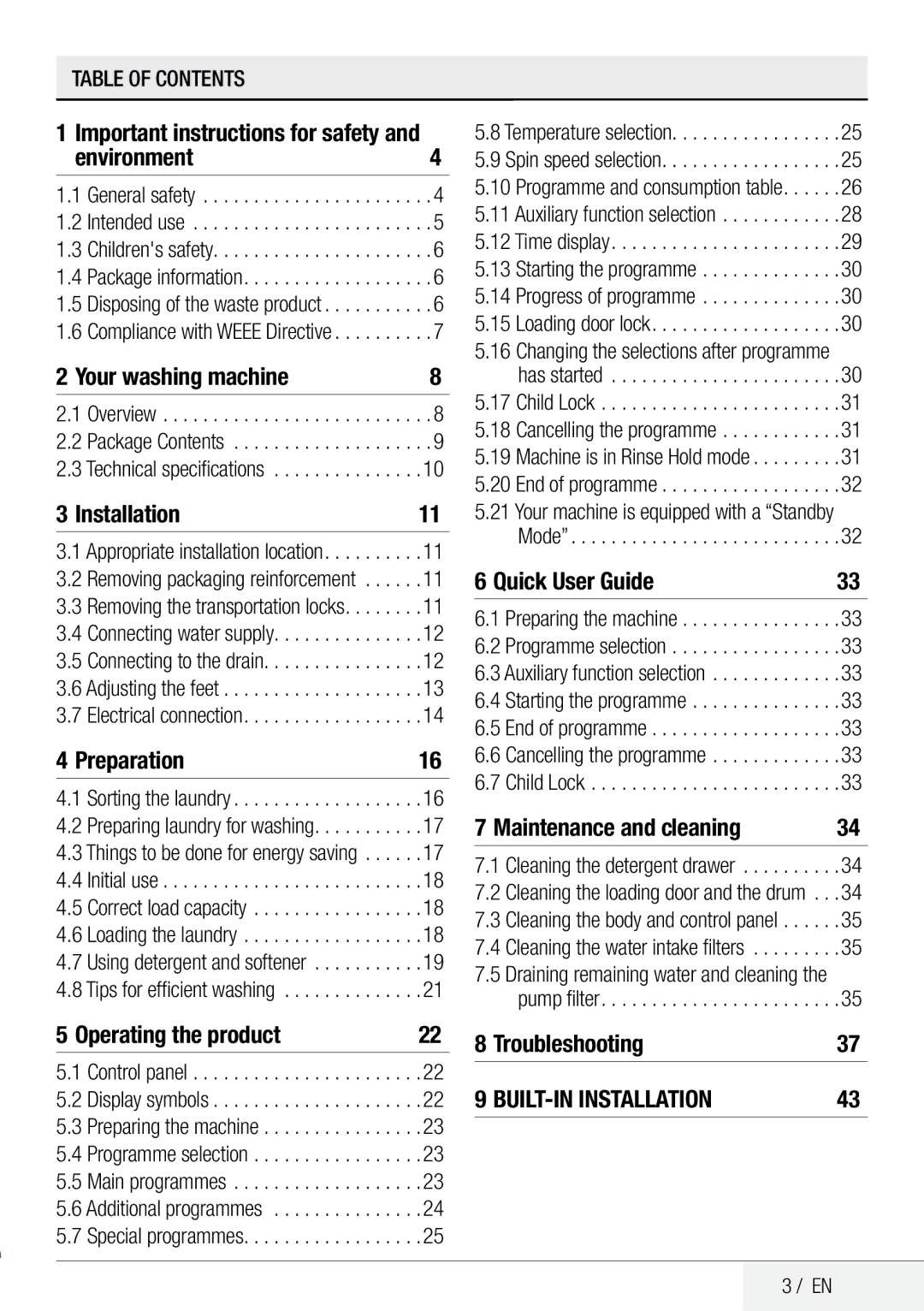 Beko QWM84 user manual Important instructions for safety Environment4, Your washing machine, Installation, Preparation 