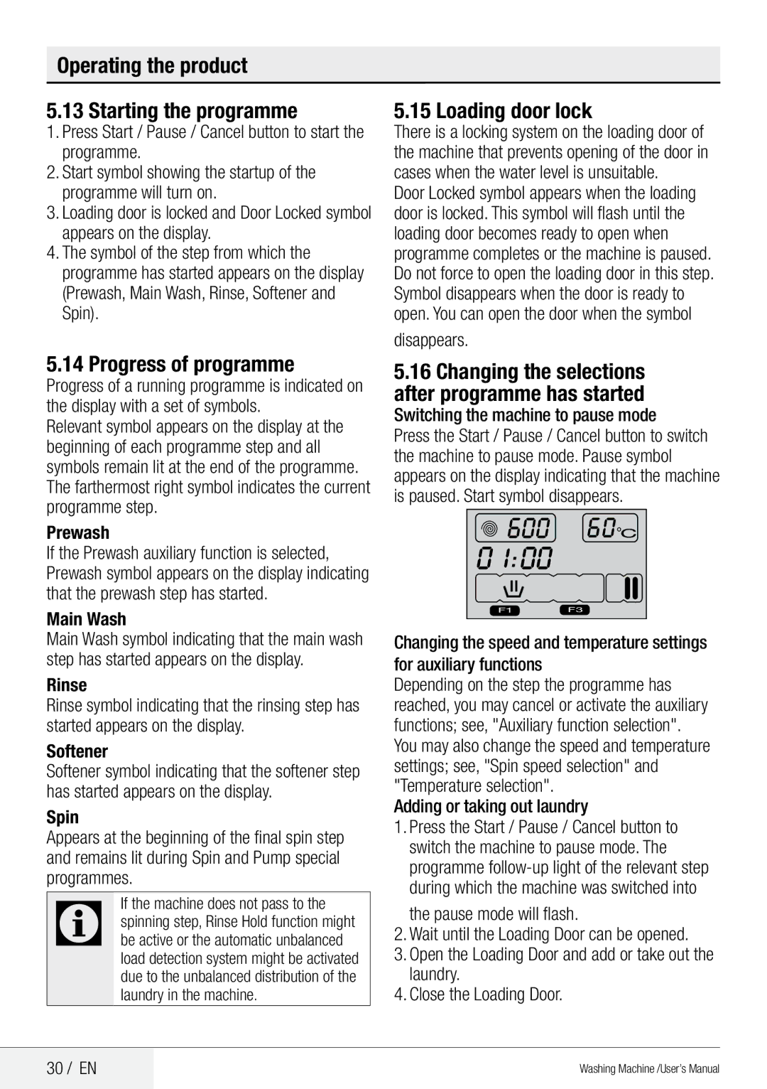 Beko QWM84 user manual Operating the product Starting the programme, Progress of programme, Loading door lock 