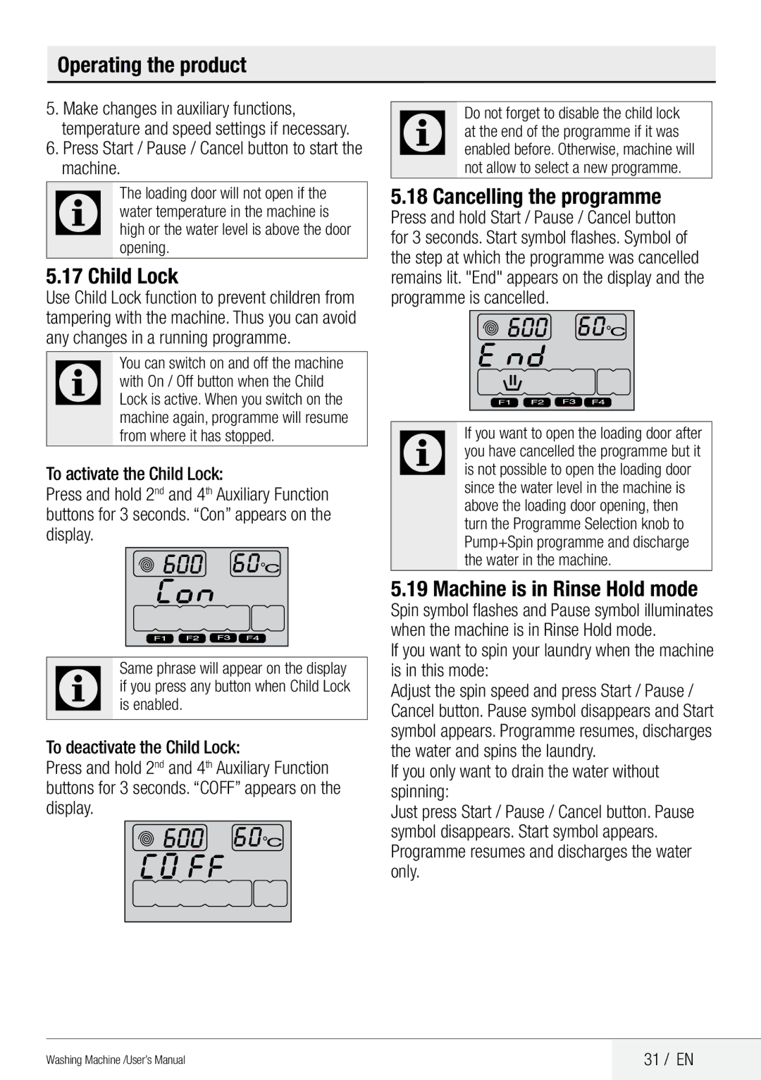 Beko QWM84 user manual Child Lock, Cancelling the programme, Machine is in Rinse Hold mode 