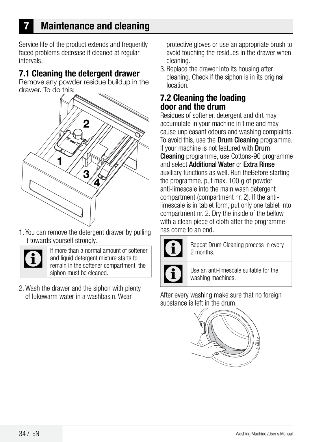 Beko QWM84 user manual Cleaning the detergent drawer, Cleaning the loading door and the drum, Has come to an end, Months 