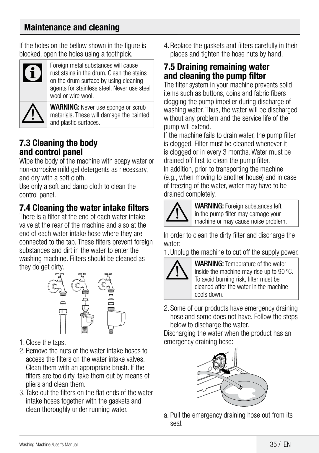 Beko QWM84 user manual Maintenance and cleaning, Cleaning the water intake filters, Cleaning the body and control panel 