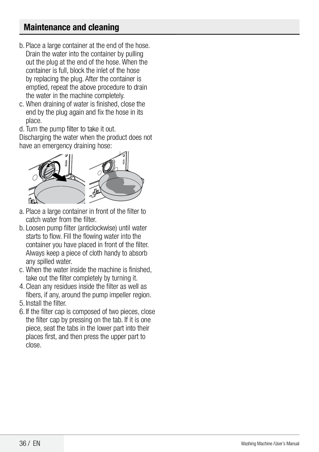 Beko QWM84 user manual Place a large container at the end of the hose, Install the filter, 36 / EN 