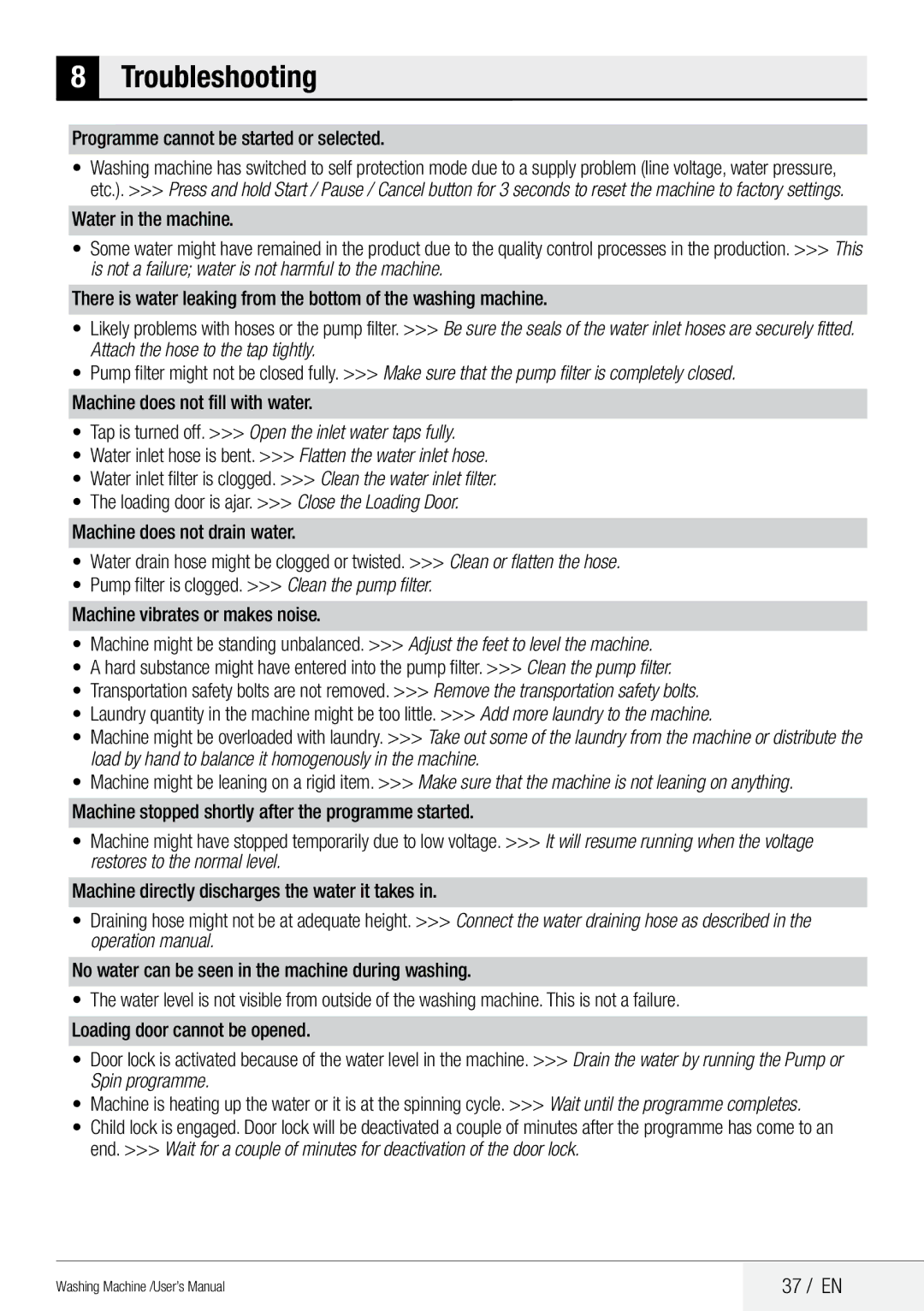 Beko QWM84 user manual Troubleshooting, 37 / EN, Programme cannot be started or selected, Machine does not fill with water 