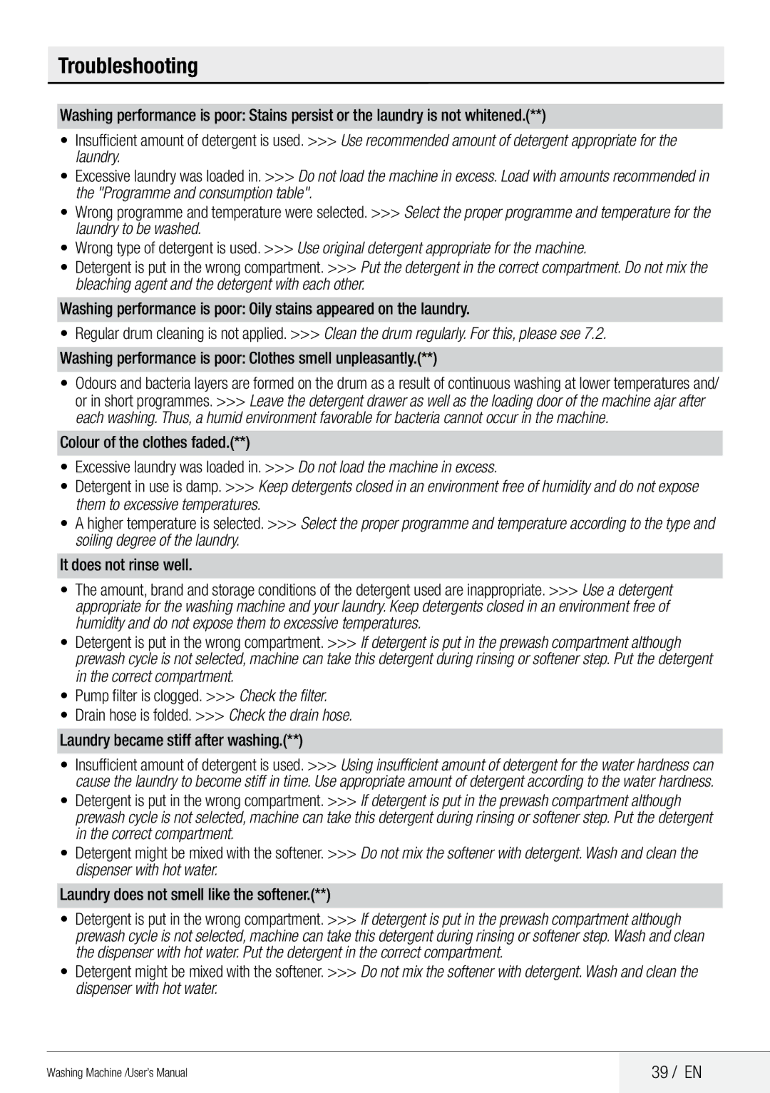 Beko QWM84 user manual 39 / EN, It does not rinse well 