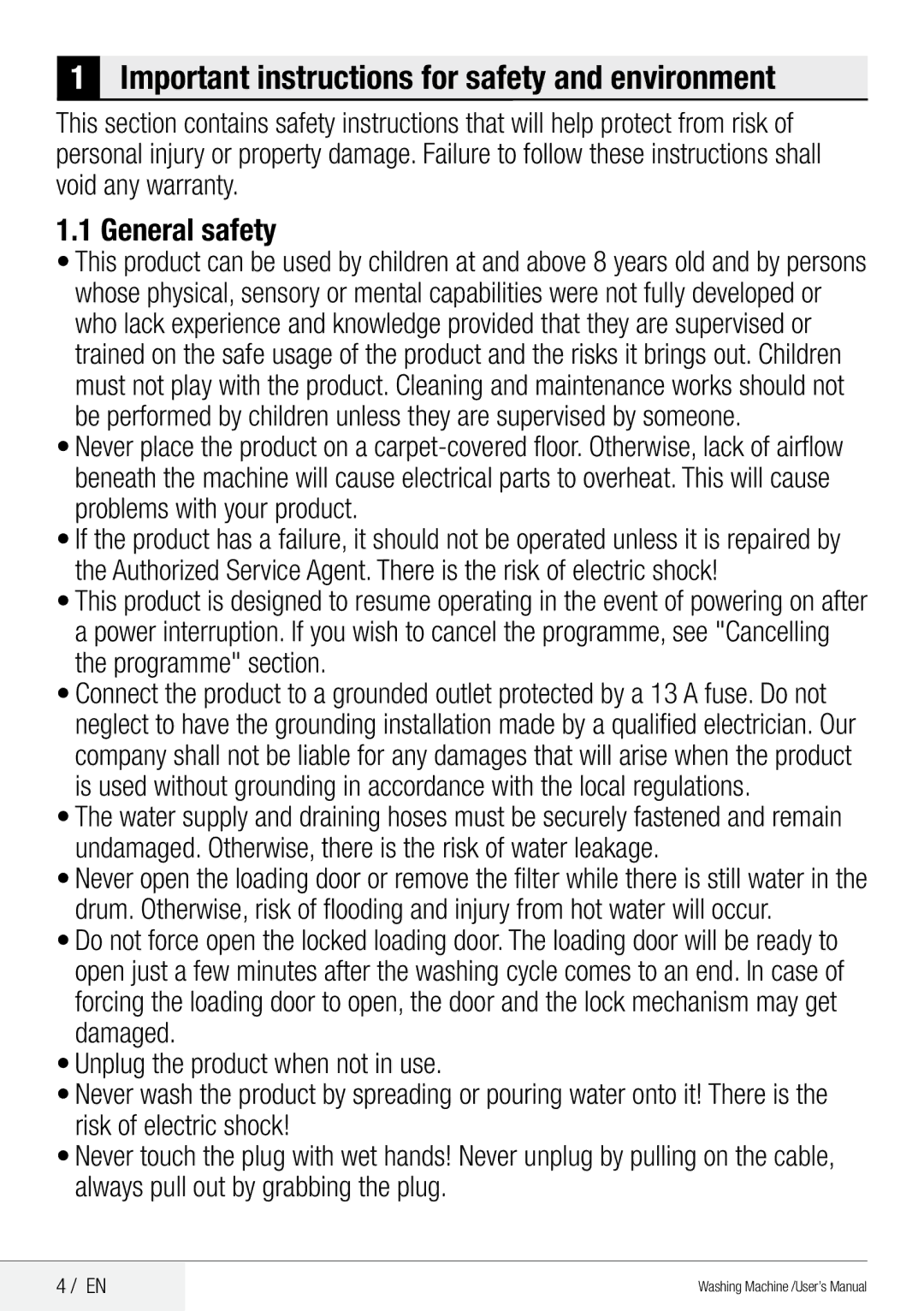 Beko QWM84 user manual Important instructions for safety and environment, General safety 