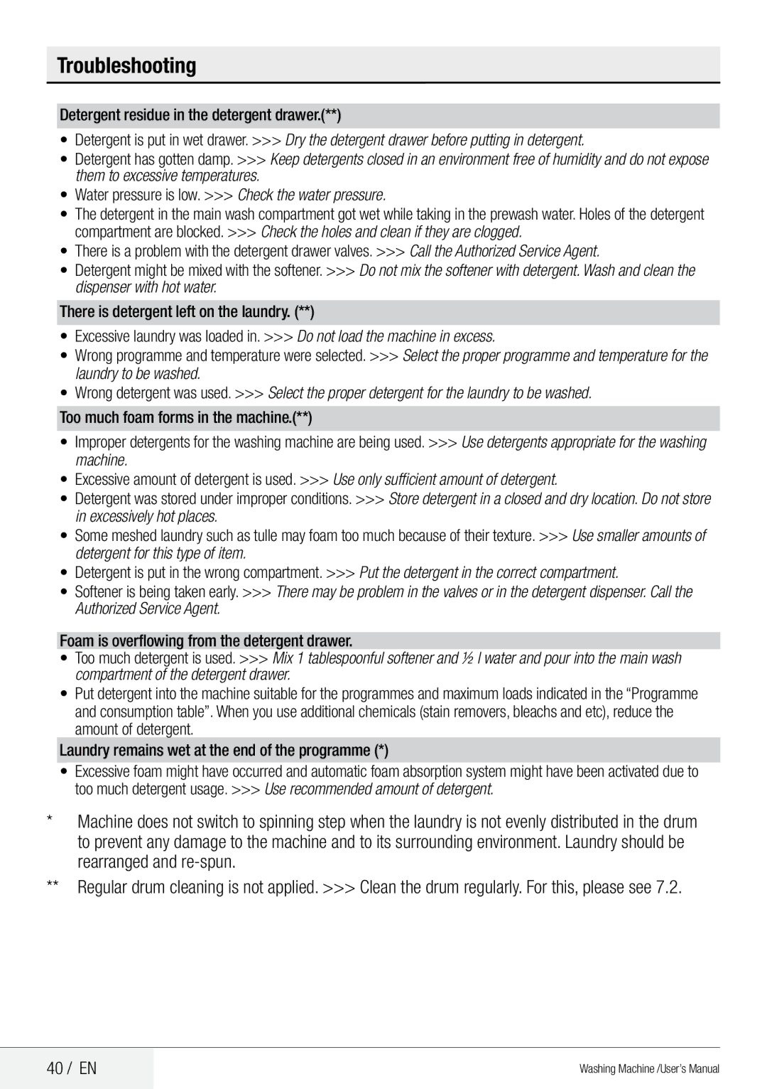 Beko QWM84 user manual 40 / EN, Detergent residue in the detergent drawer, Water pressure is low. Check the water pressure 