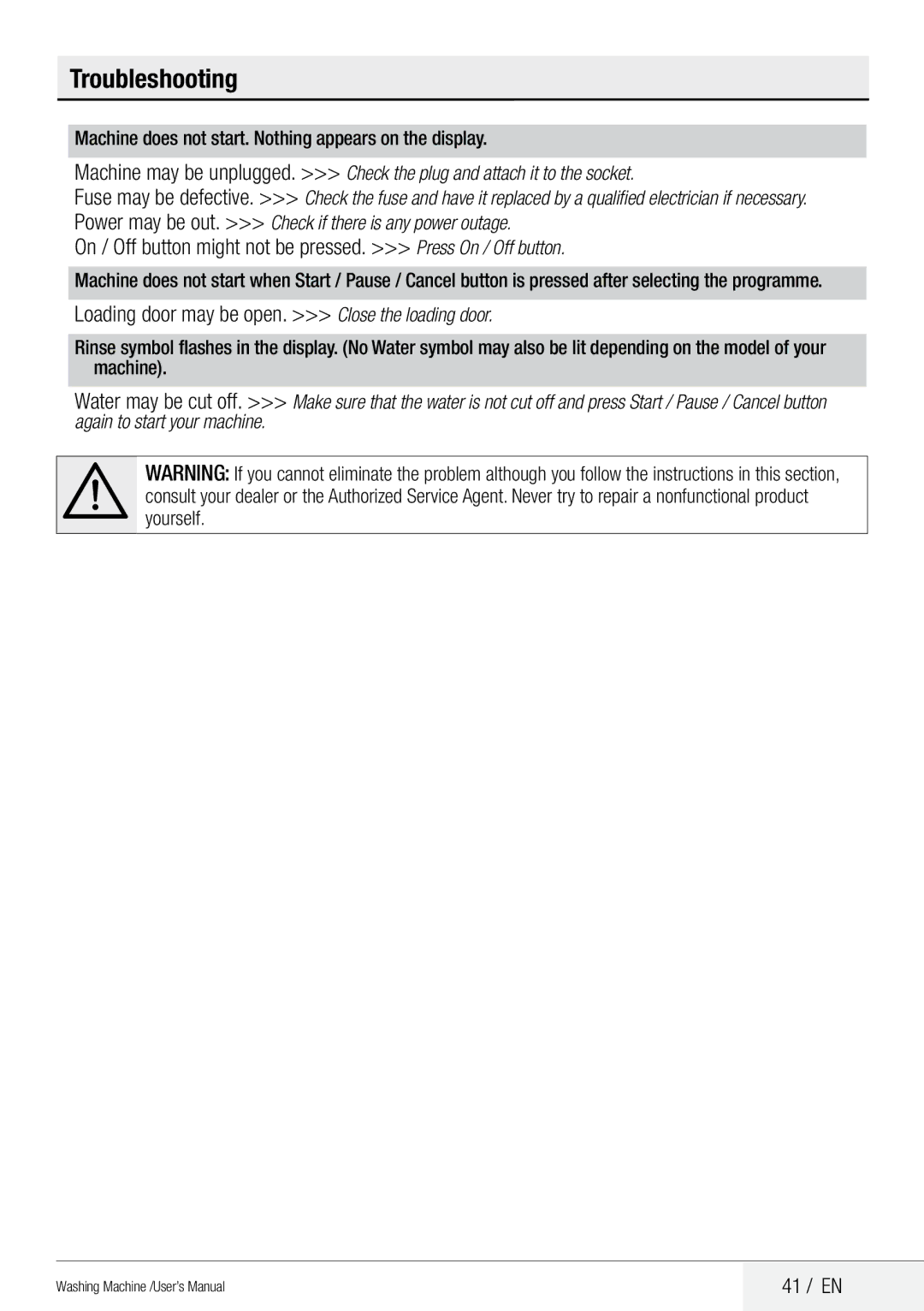 Beko QWM84 On / Off button might not be pressed. Press On / Off button, Loading door may be open. Close the loading door 