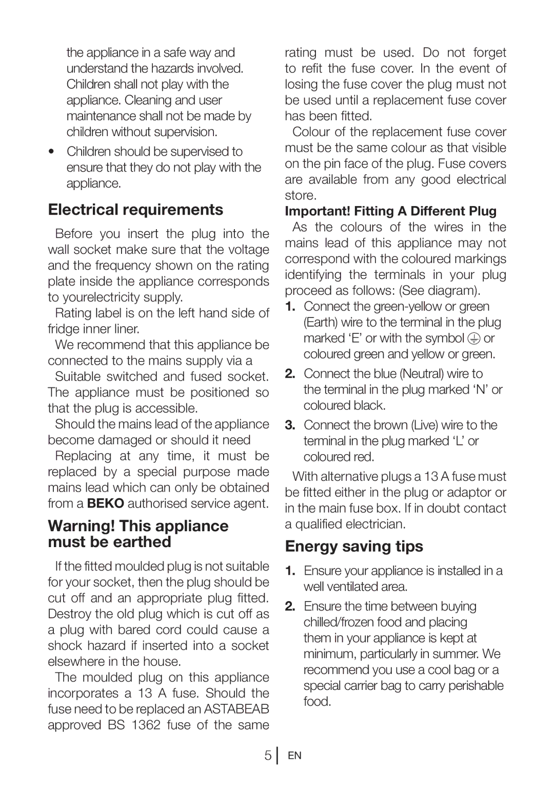 Beko qz32 manual Electrical requirements, Energy saving tips 