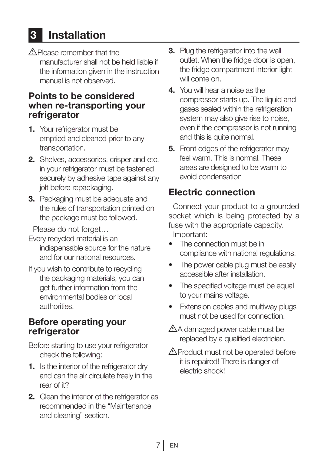 Beko qz32 manual Installation, Before operating your refrigerator, Electric connection 