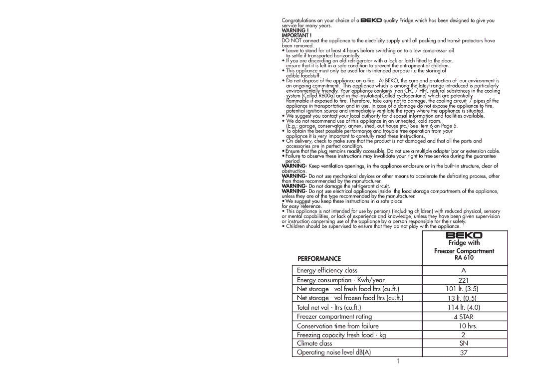 Beko RA610 manual Performance 