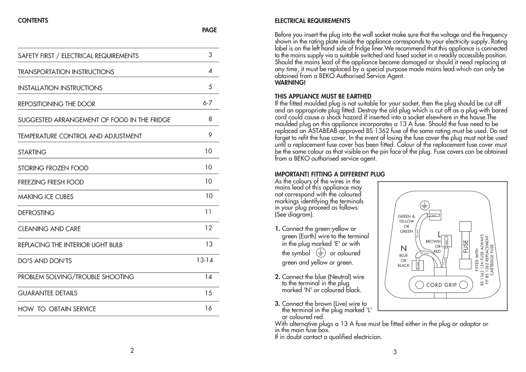 Beko RA610 manual This Appliance Must be Earthed, Problem SOLVING/TROUBLE Shooting Guarantee Details, HOW to Obtain Service 