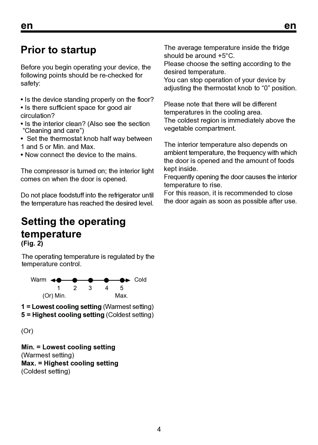 Beko RRN 2650, Refrigerator instruction manual Prior to startup, Max. = Highest cooling setting 