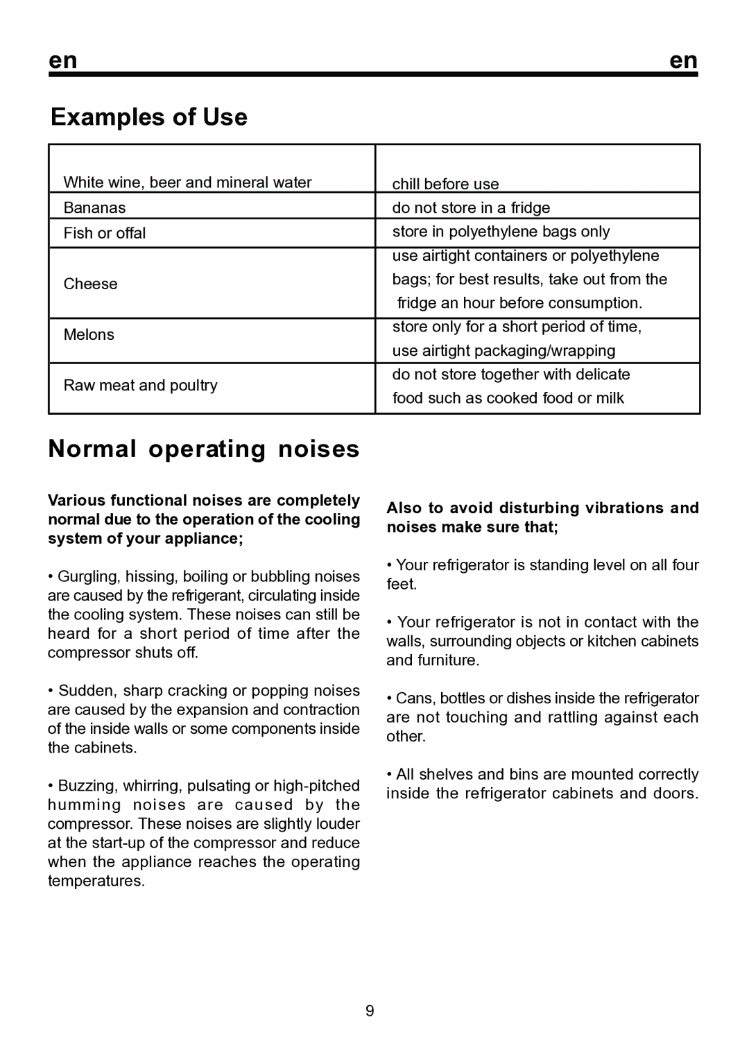 Beko Refrigerator, RRN 2650 instruction manual Examples of Use, Normal operating noises 